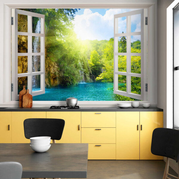 Fenster mit einem Wasserfall und Bäumen Fenster mit einem Wasserfall und Bäumen