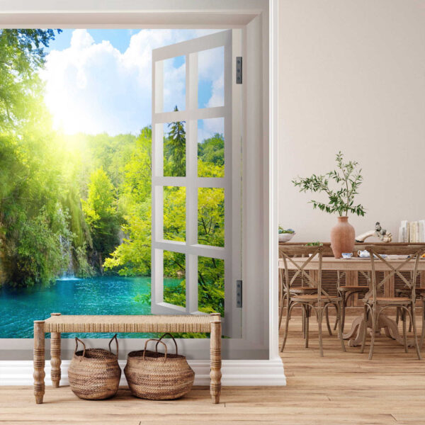 Fenster mit einem Wasserfall und Bäumen Fenster mit einem Wasserfall und Bäumen