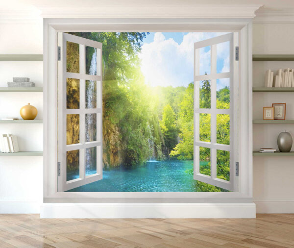 Fenster mit einem Wasserfall und Bäumen Fenster mit einem Wasserfall und Bäumen