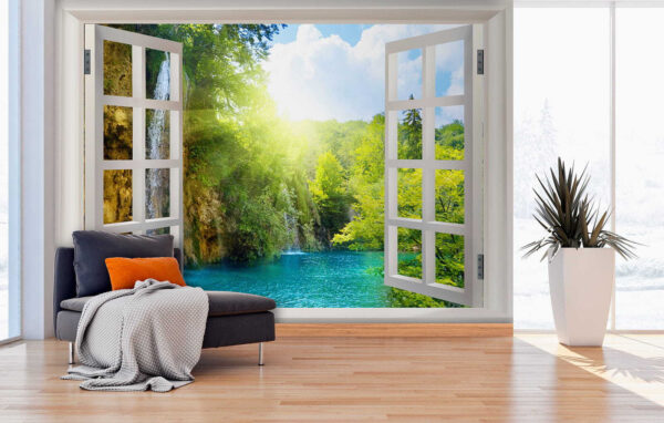 Fenster mit einem Wasserfall und Bäumen Fenster mit einem Wasserfall und Bäumen