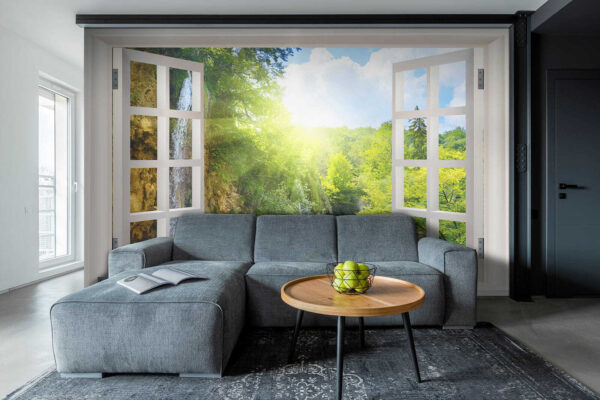 Fenster mit einem Wasserfall und Bäumen Fenster mit einem Wasserfall und Bäumen