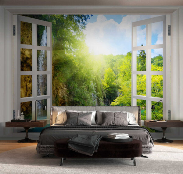 Fenster mit einem Wasserfall und Bäumen Fenster mit einem Wasserfall und Bäumen
