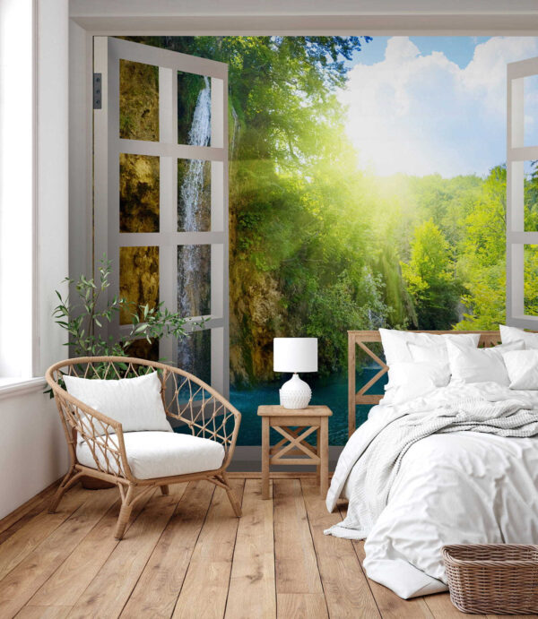Fenster mit einem Wasserfall und Bäumen Fenster mit einem Wasserfall und Bäumen