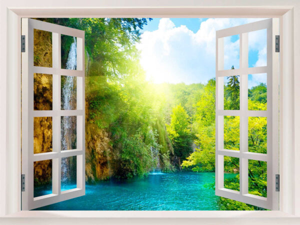 Fenster mit einem Wasserfall und Bäumen Fenster mit einem Wasserfall und Bäumen