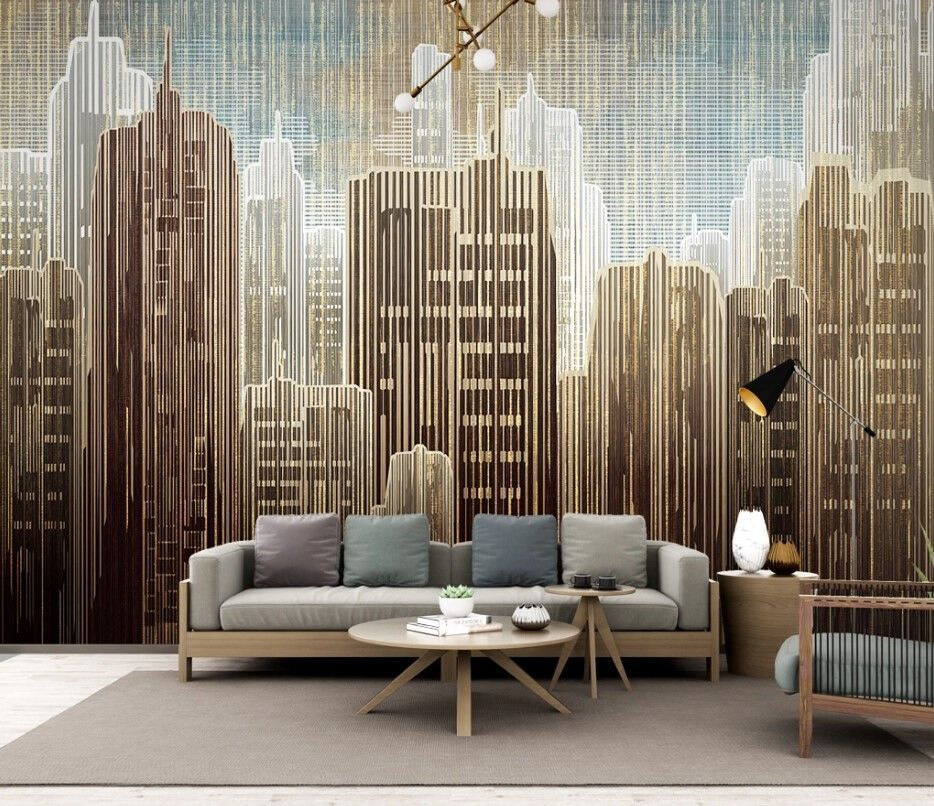 City skyline with many tall buildings