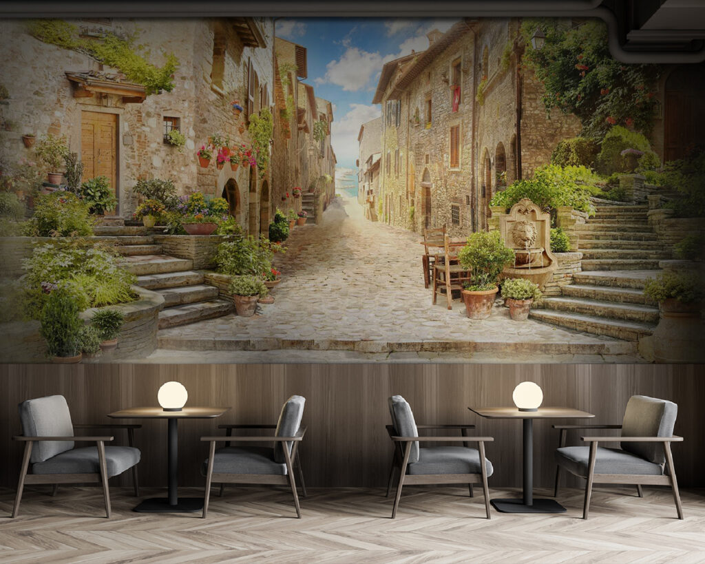 Stone street with stone buildings and plants Stone street with stone buildings and plants