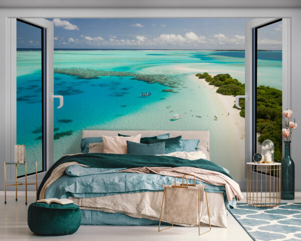 Blick aus einem Fenster auf einen Strand Blick aus einem Fenster auf einen Strand