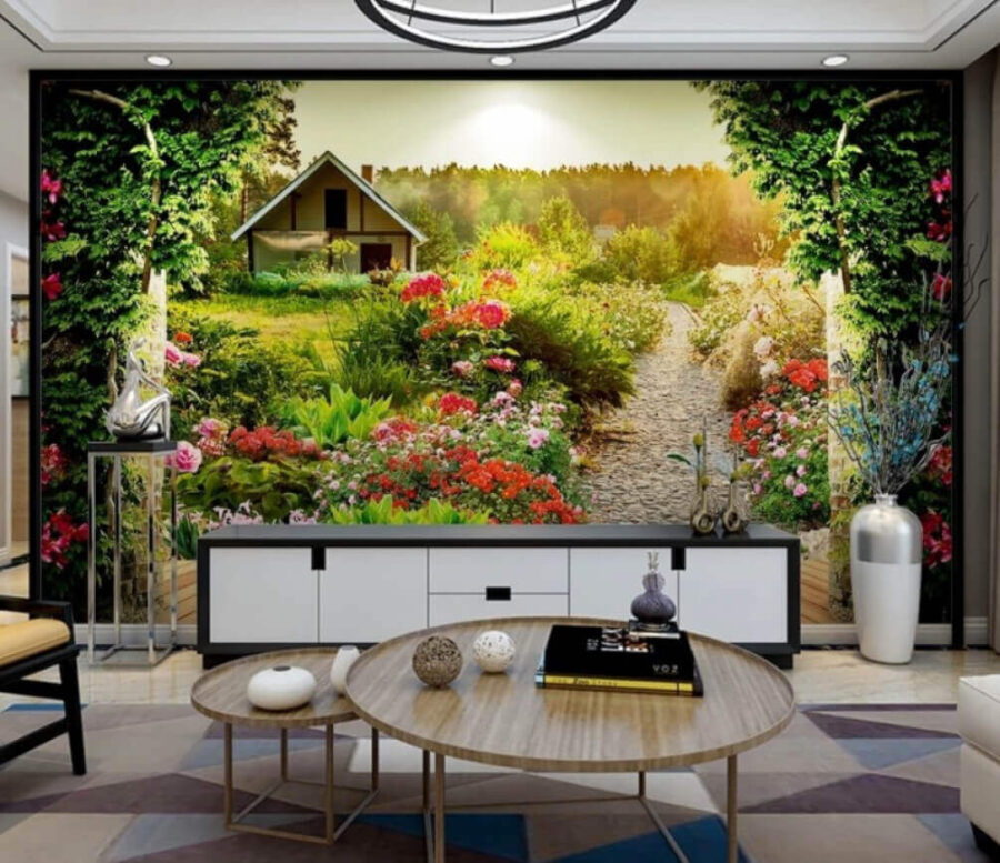 Garten mit Blumen und einem Haus Garten mit Blumen und einem Haus