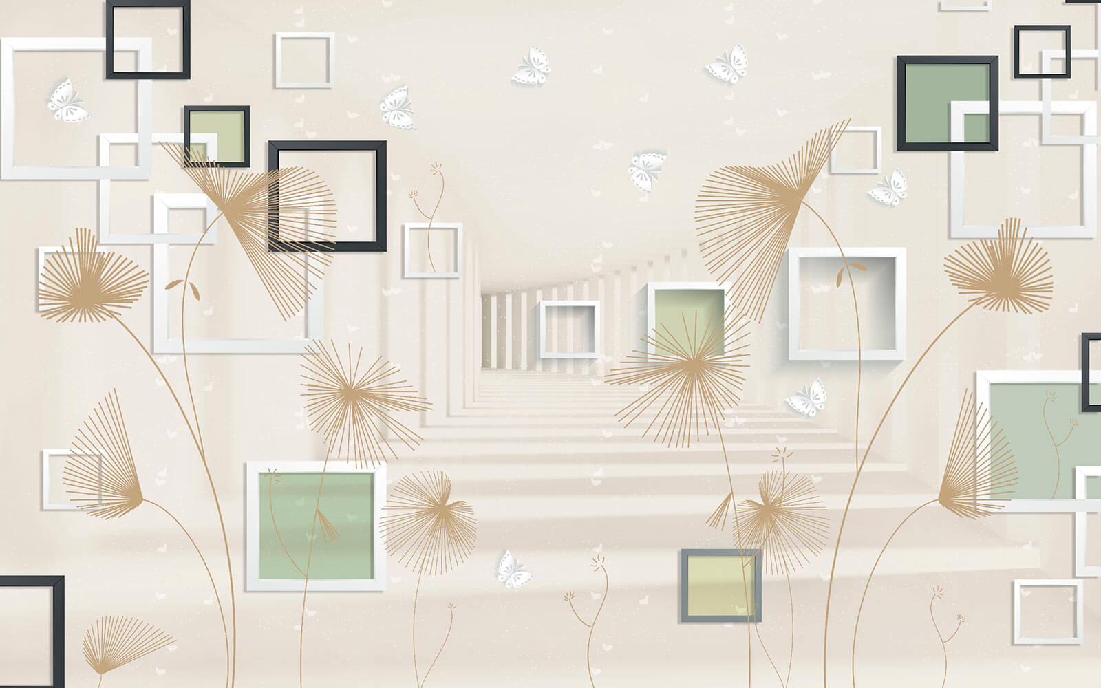 u40860p - Tapete mit weißen und braunen Blumen und Schmetterlingen - tegory