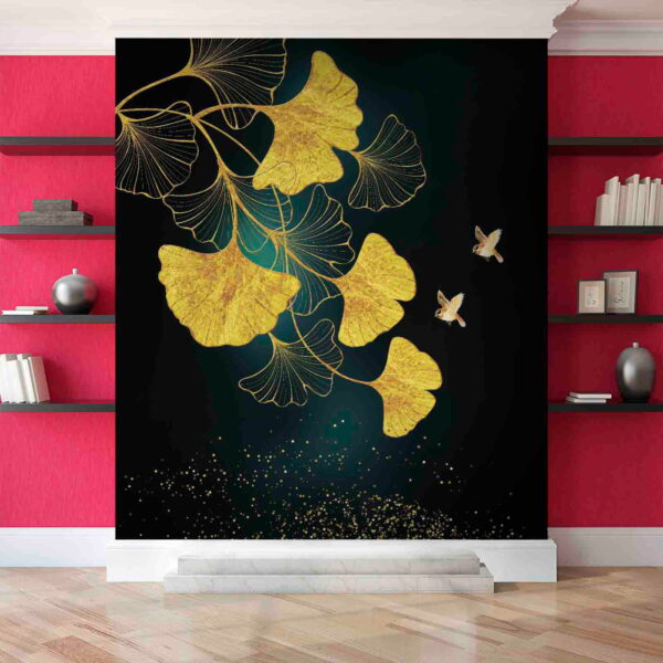 Fototapeten Fototapeten Ginkgoblätter und Vögel in Eleganz (Artikelnummer: u39199)