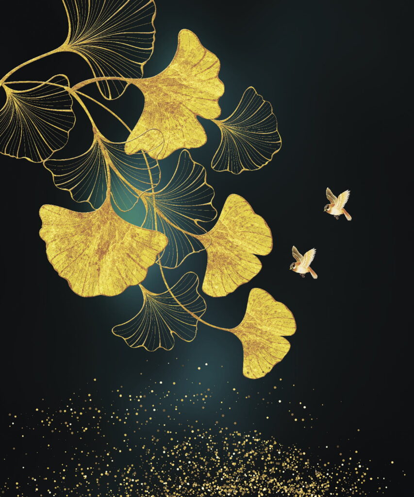 Ginkgoblätter und Vögel in Eleganz u39199p 853x1024 - Ginkgoblätter und Vögel in Eleganz - tegory