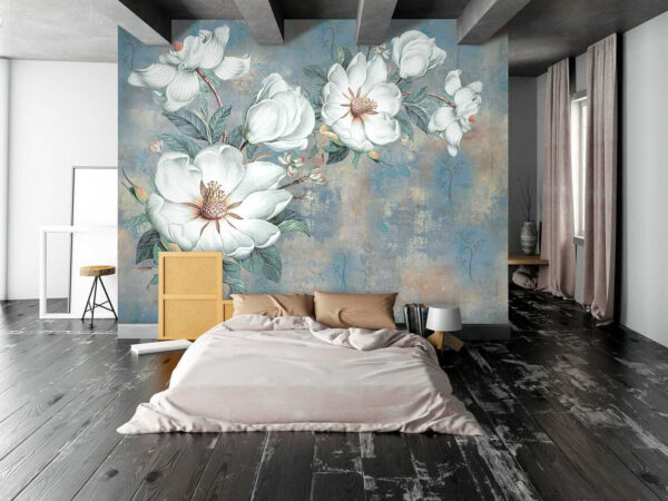 Weiße Blumen auf blauem Hintergrund Weiße Blumen auf blauem Hintergrund