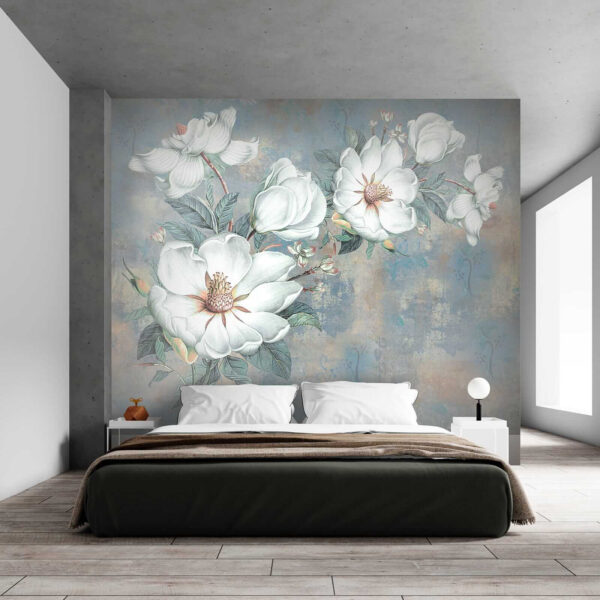 Weiße Blumen auf blauem Hintergrund Weiße Blumen auf blauem Hintergrund