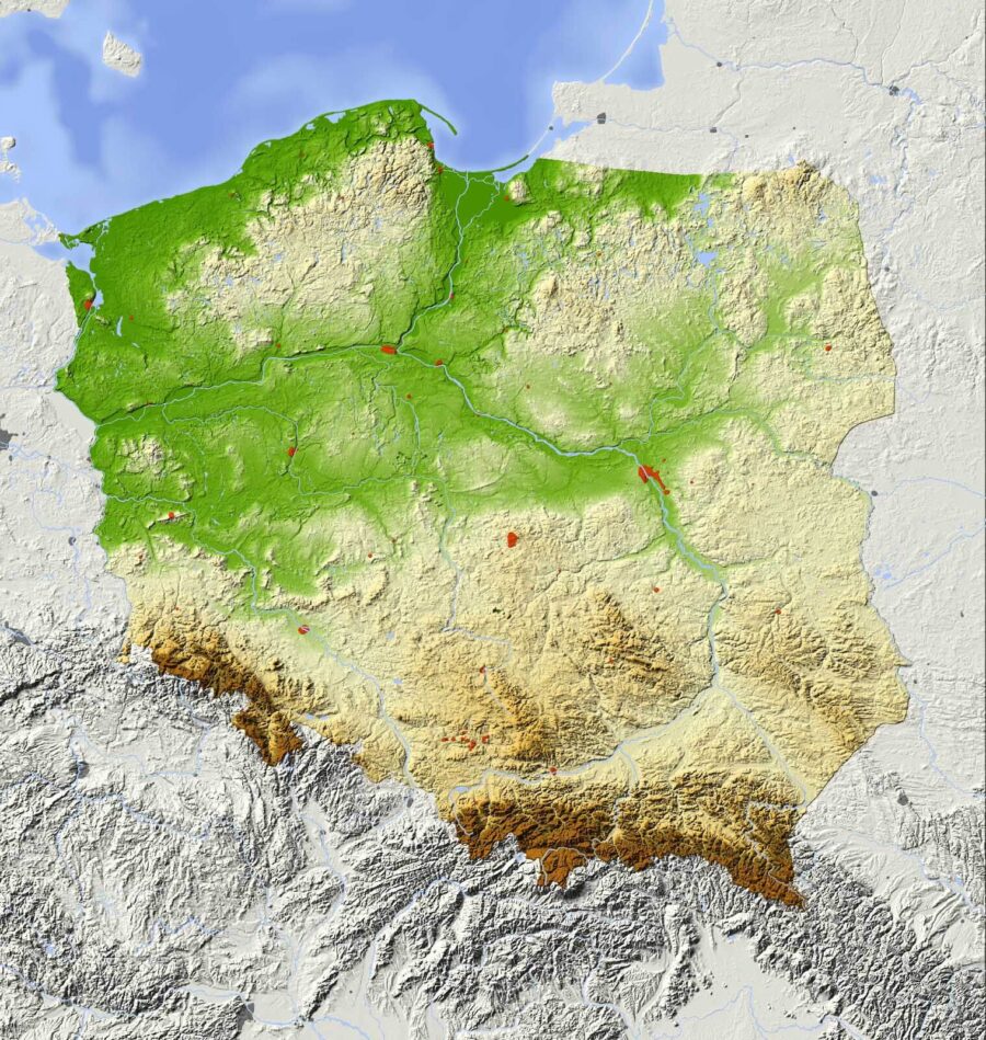 Karte von Polen mit Land und Wasser