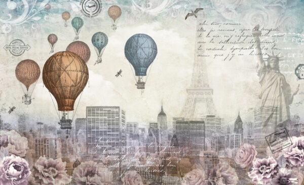 Cityscape with hot air balloons