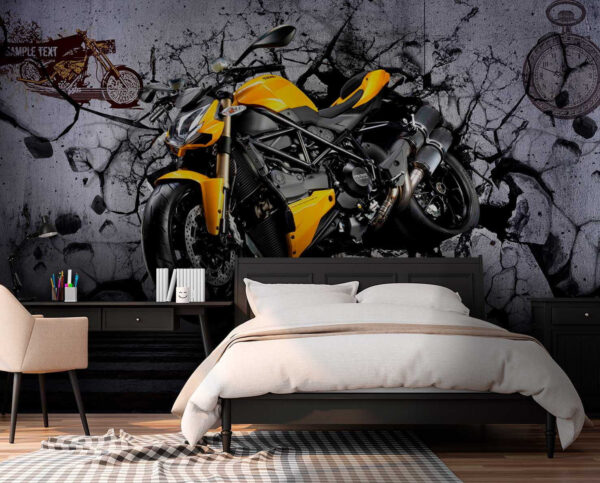 Gelbes Motorrad an einer Wand Gelbes Motorrad an einer Wand