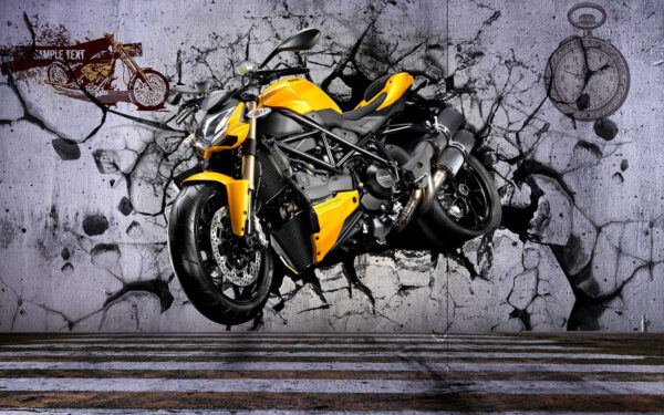Gelbes Motorrad an einer Wand Gelbes Motorrad an einer Wand