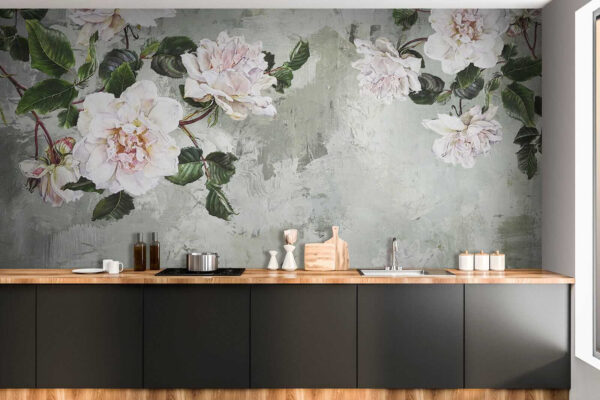 Gemälde mit Blumen an einer Wand Gemälde mit Blumen an einer Wand