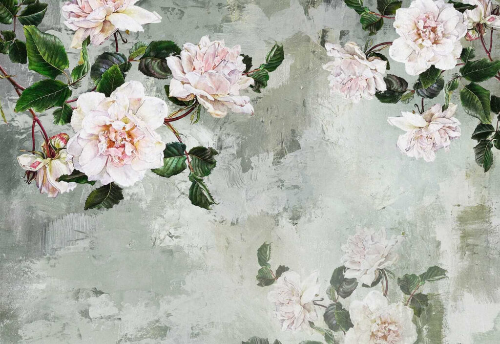 Gemälde mit Blumen an einer Wand Gemälde mit Blumen an einer Wand