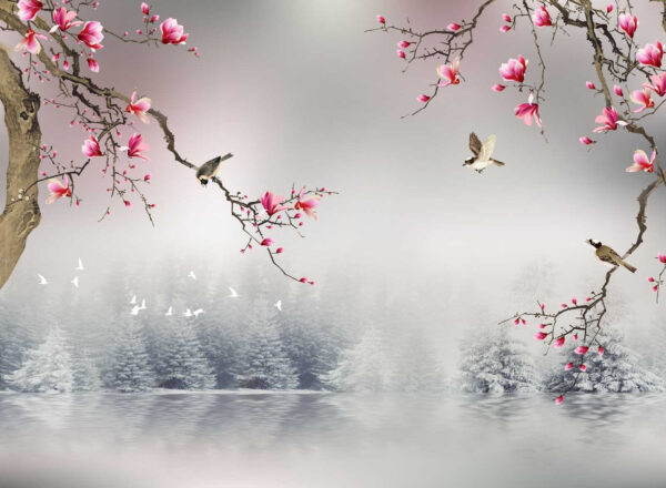 Baumzweige mit rosa Blüten und Vögel, die über Wasser fliegen Baumzweige mit rosa Blüten und Vögel, die über Wasser fliegen