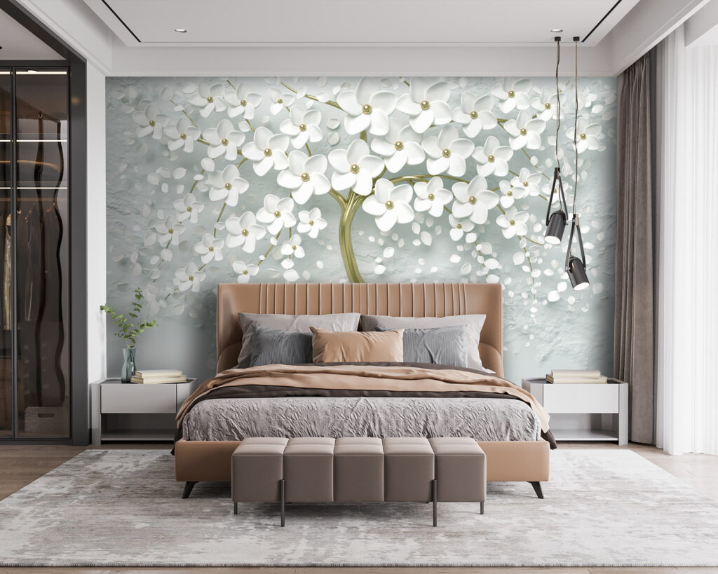 Tree with white flowers on a grey background