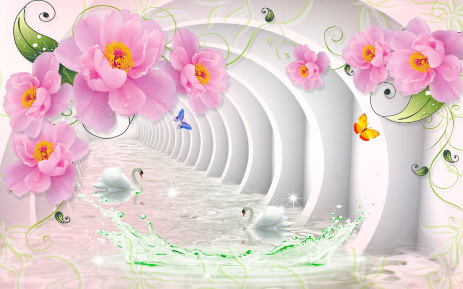 Tapete mit Blumen und Schwänen