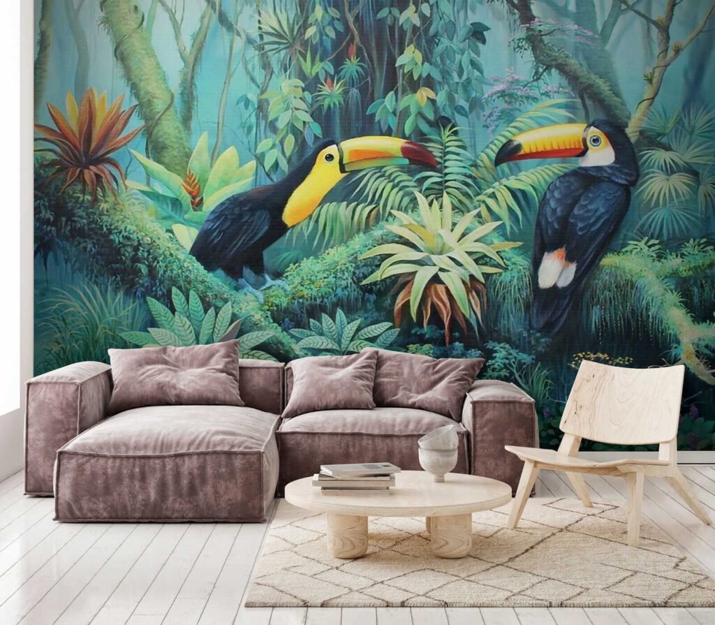 Painting of birds in a forest