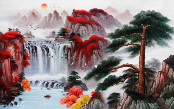Gemälde von einem Wasserfall und Bäumen Gemälde von einem Wasserfall und Bäumen