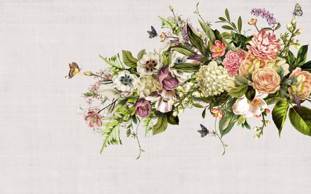 Schmetterling fliegt über einen Blumenstrauß Schmetterling fliegt über einen Blumenstrauß