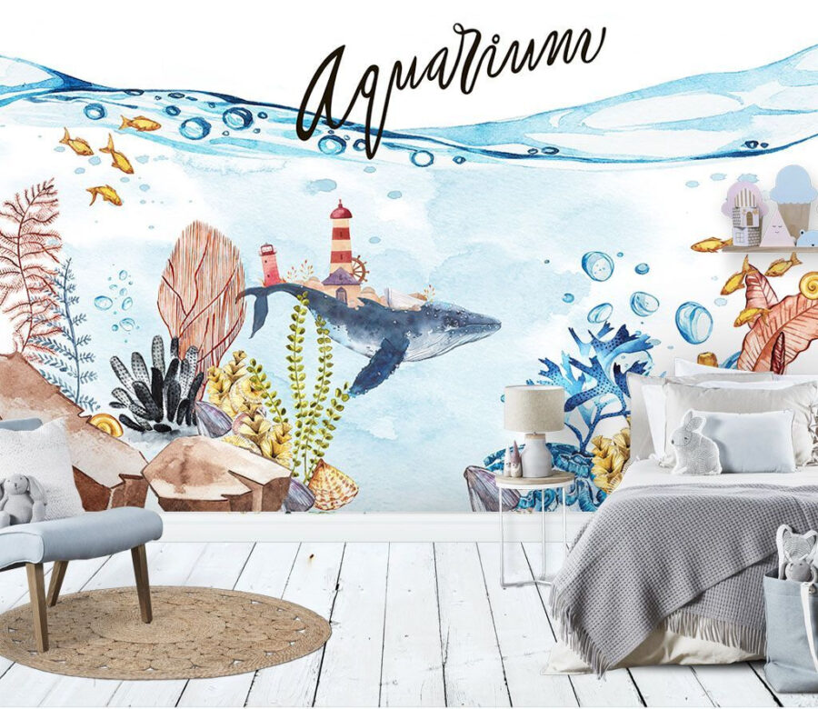 Aquarell eines Wals und eines Leuchtturms