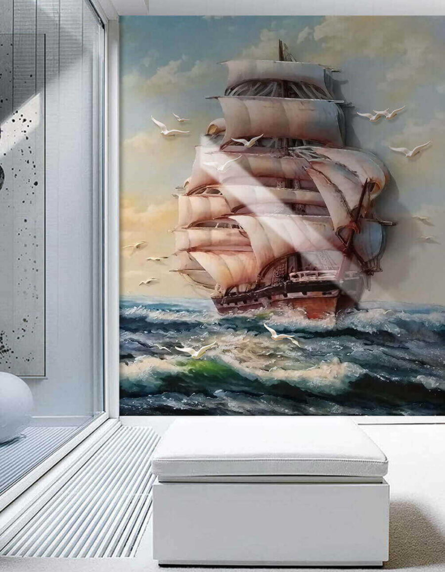 Gemälde eines Schiffes mit Segeln und fliegenden Vögeln Gemälde eines Schiffes mit Segeln und fliegenden Vögeln