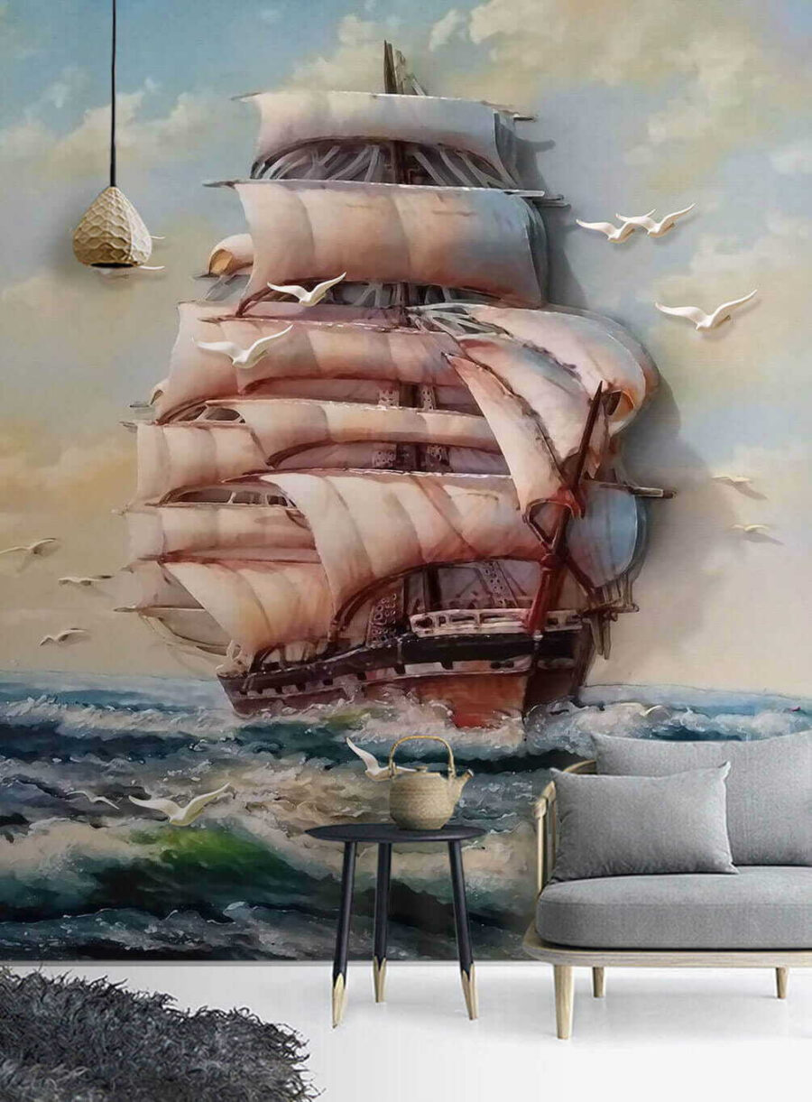 Gemälde eines Schiffes mit Segeln und fliegenden Vögeln Gemälde eines Schiffes mit Segeln und fliegenden Vögeln