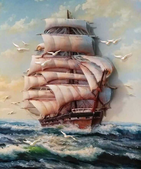 Gemälde eines Schiffes mit Segeln und fliegenden Vögeln Gemälde eines Schiffes mit Segeln und fliegenden Vögeln