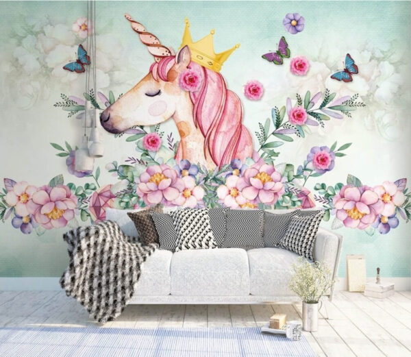 Aquarell Einhorn mit einer Krone und Blumen Aquarell Einhorn mit einer Krone und Blumen