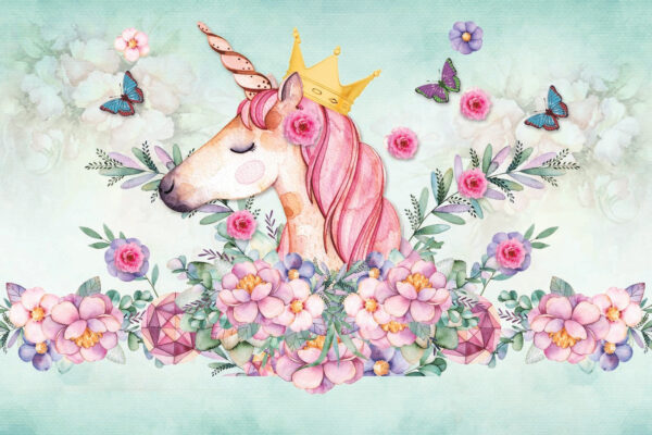 Aquarell Einhorn mit einer Krone und Blumen Aquarell Einhorn mit einer Krone und Blumen