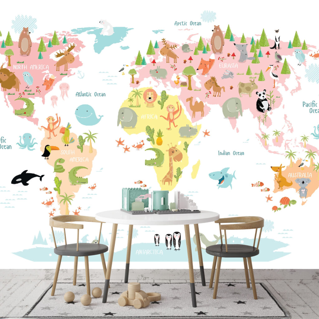 Map of the world with animals Map of the world with animals