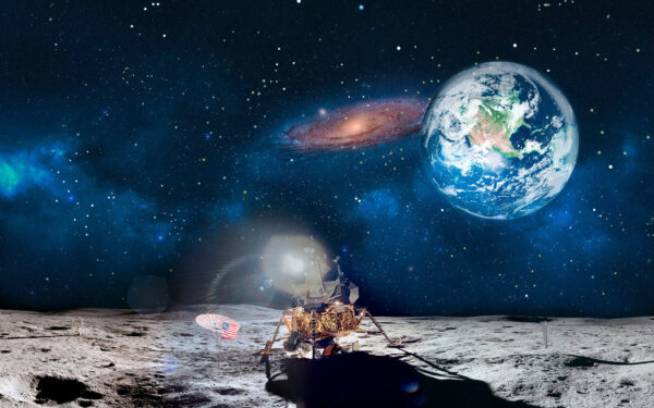 Moon with a planet and stars and a planet in the background