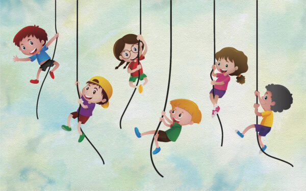Gruppe von Kindern klettert auf Seilen u32016p 600x375 - Gruppe von Kindern klettert auf Seilen - tegory