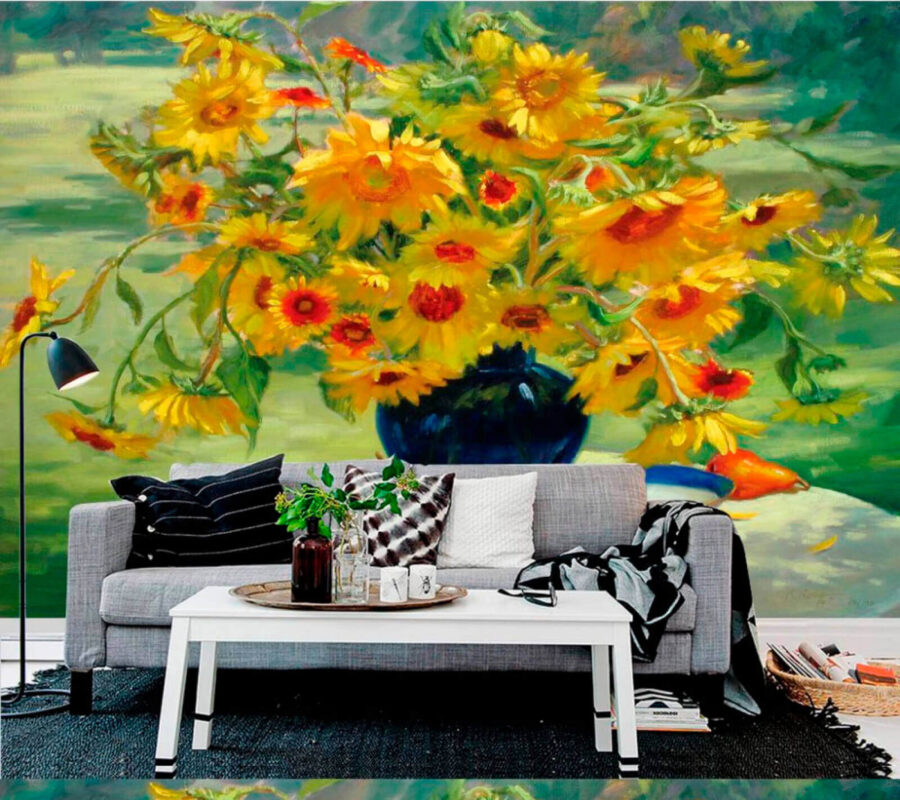 Gemälde einer Vase mit gelben Blumen und Früchten
