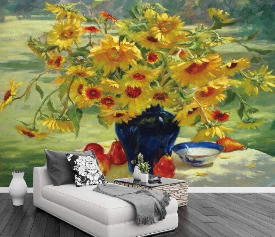 Gemälde einer Vase mit gelben Blumen und Früchten