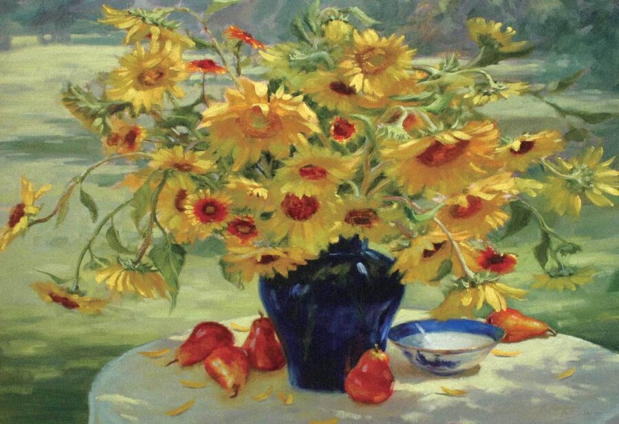 Gemälde einer Vase mit gelben Blumen und Früchten