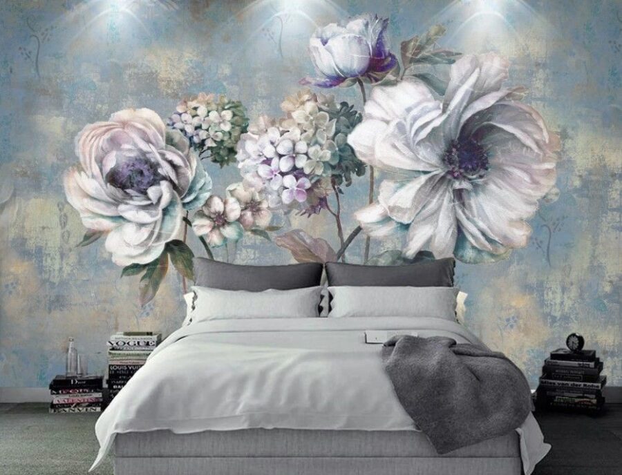 Gemälde mit Blumen auf blauem Hintergrund Gemälde mit Blumen auf blauem Hintergrund
