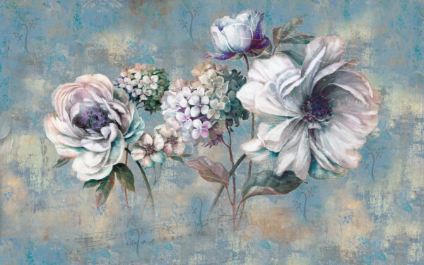 Gemälde mit Blumen auf blauem Hintergrund Gemälde mit Blumen auf blauem Hintergrund