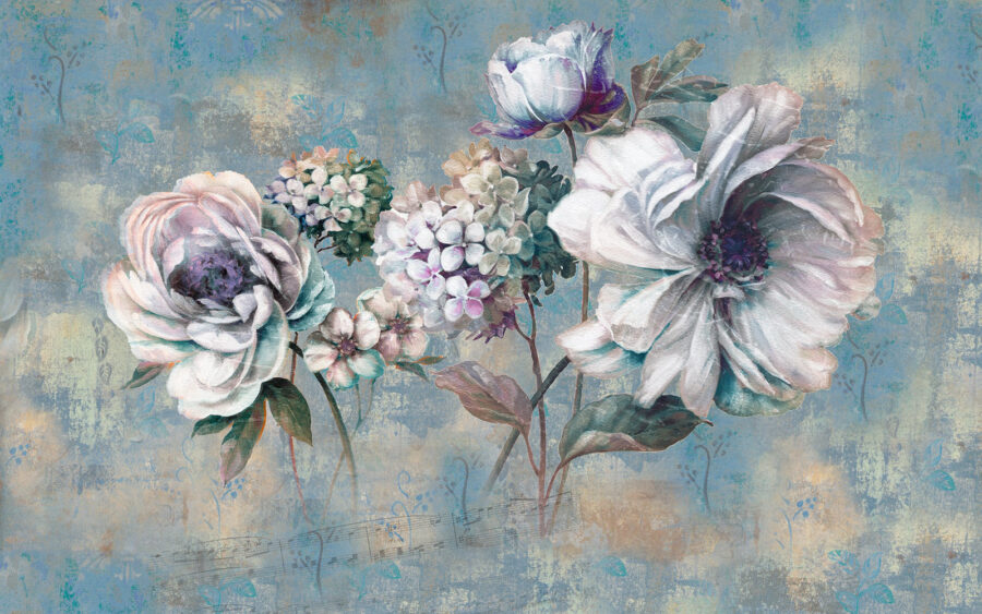 Gemälde mit Blumen auf blauem Hintergrund Gemälde mit Blumen auf blauem Hintergrund