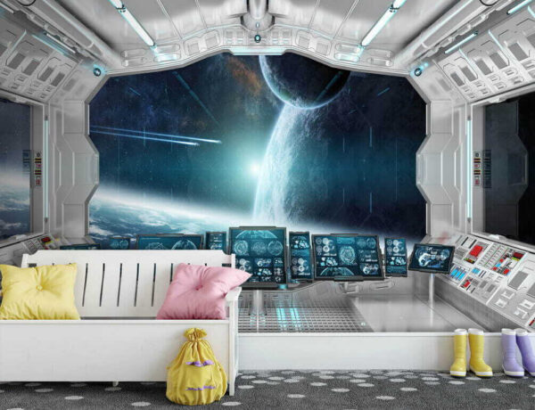 Room with screens and a view of earth from the window
