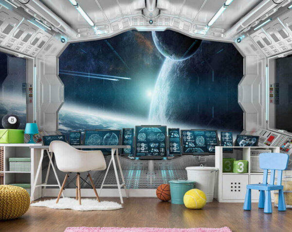 Room with screens and a view of earth from the window
