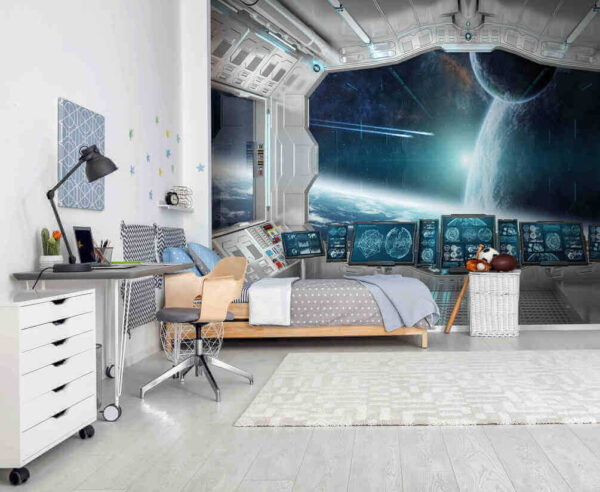 Room with screens and a view of earth from the window