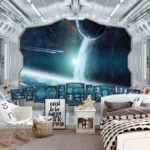 Fototapeten Zimmer mit Paravents und Blick auf die Erde aus dem Fenster