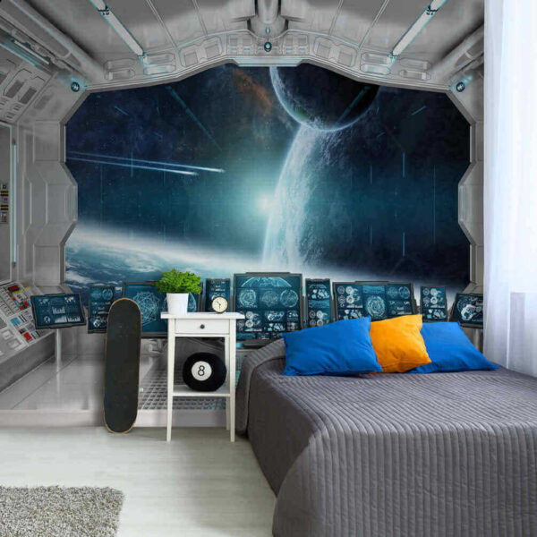 Room with screens and a view of earth from the window