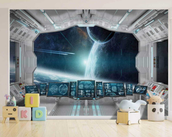 Room with screens and a view of earth from the window